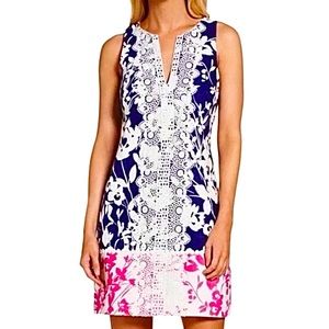 EUC Eliza J  Lace Appliqué Floral Sleeveless Cotton Shift Blue Pink 2